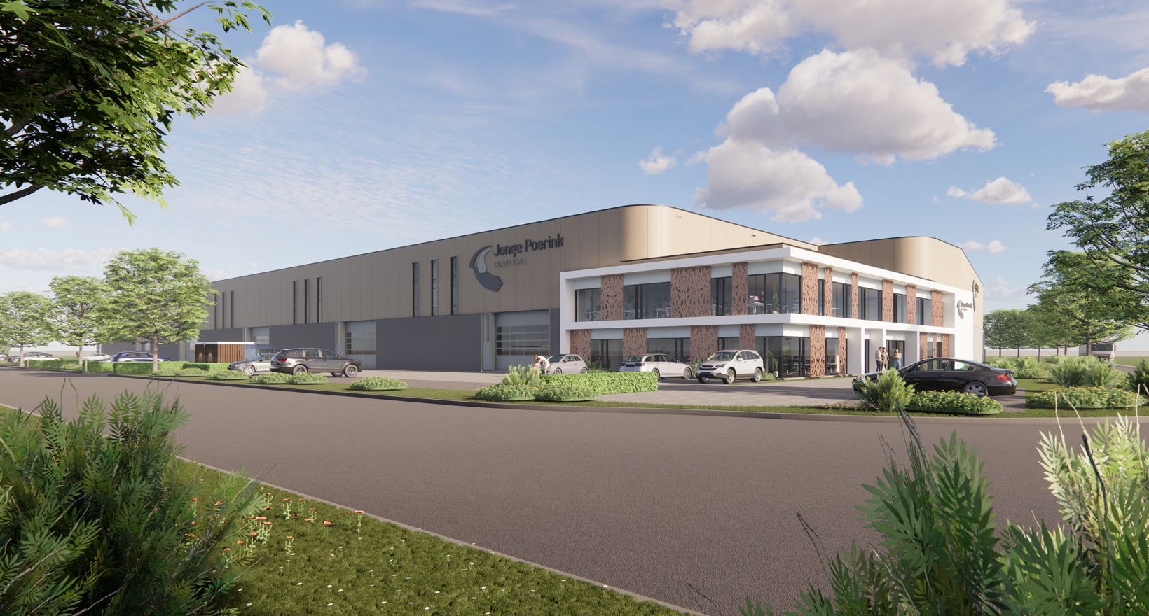 Nieuwe, duurzame fabriek van Jonge Poerink Conveyors in Borne op bedrijventerrein Westermaat De Veldkamp, met moderne productiehallen en kantoren voor uitbreiding en innovatie.